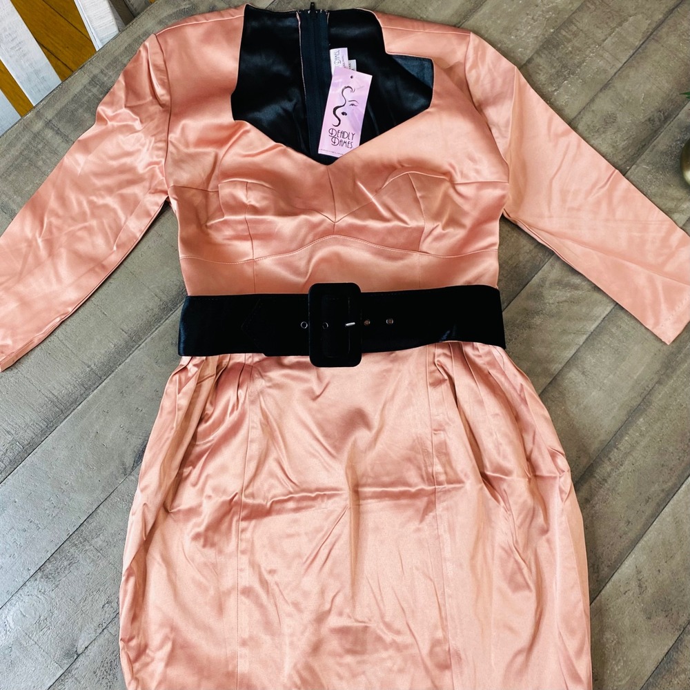 Women's Satin Midi Dress with Belt - Dusty Rose - Picture 3 of 11